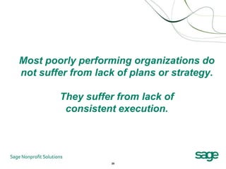 Most poorly performing organizations do
not suffer from lack of plans or strategy.

        They suffer from lack of
         consistent execution.




                   20
 