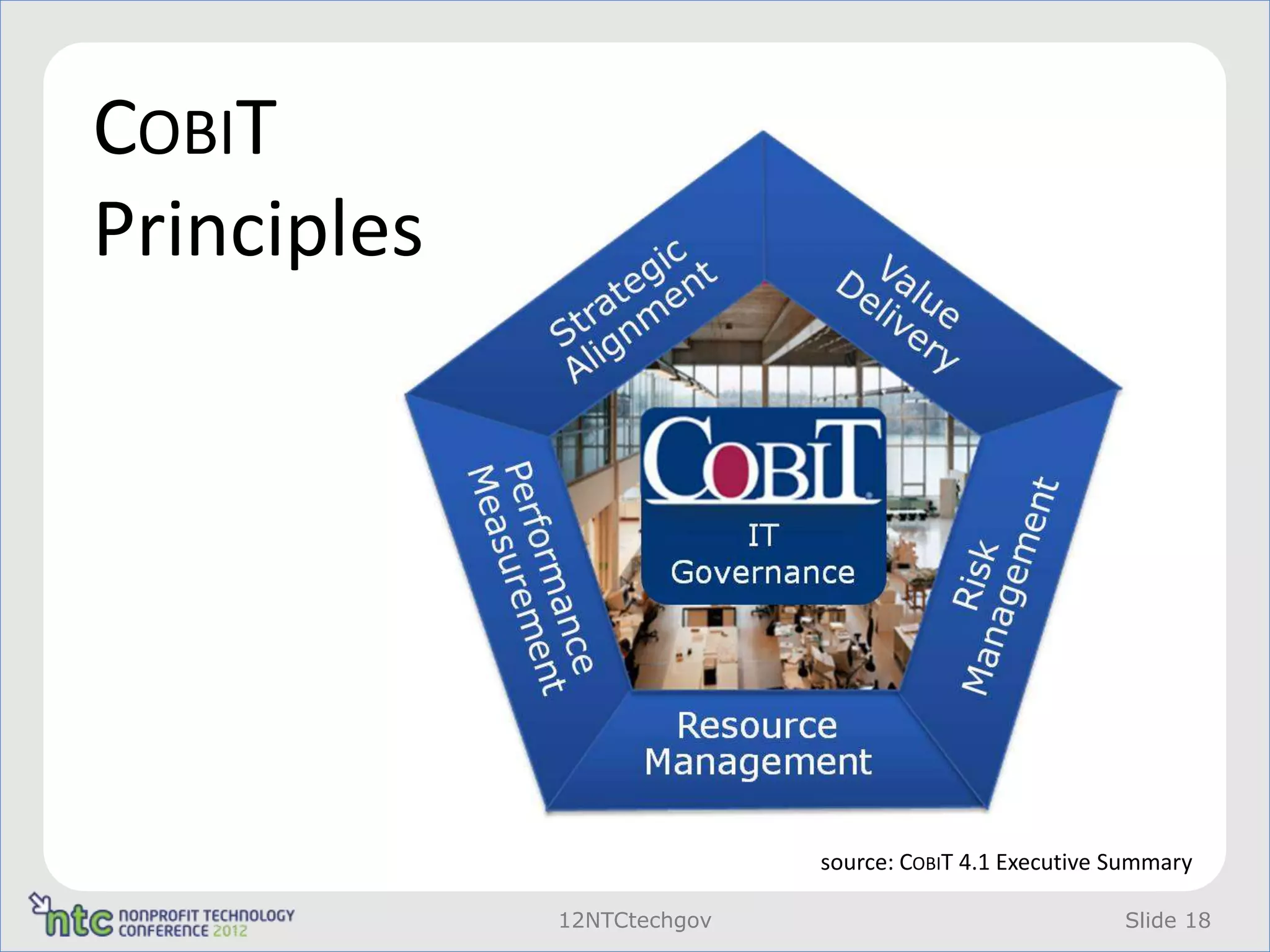 COBIT
Principles




                            source: COBIT 4.1 Executive Summary

             12NTCtechgov                               Slide 18
 