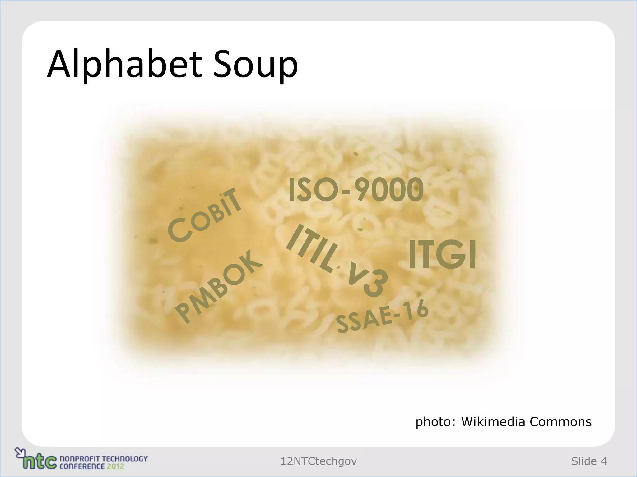 Alphabet Soup

             ISO-9000

                           ITGI



                           photo: Wikimedia Commons


            12NTCtechgov                        Slide 4
 