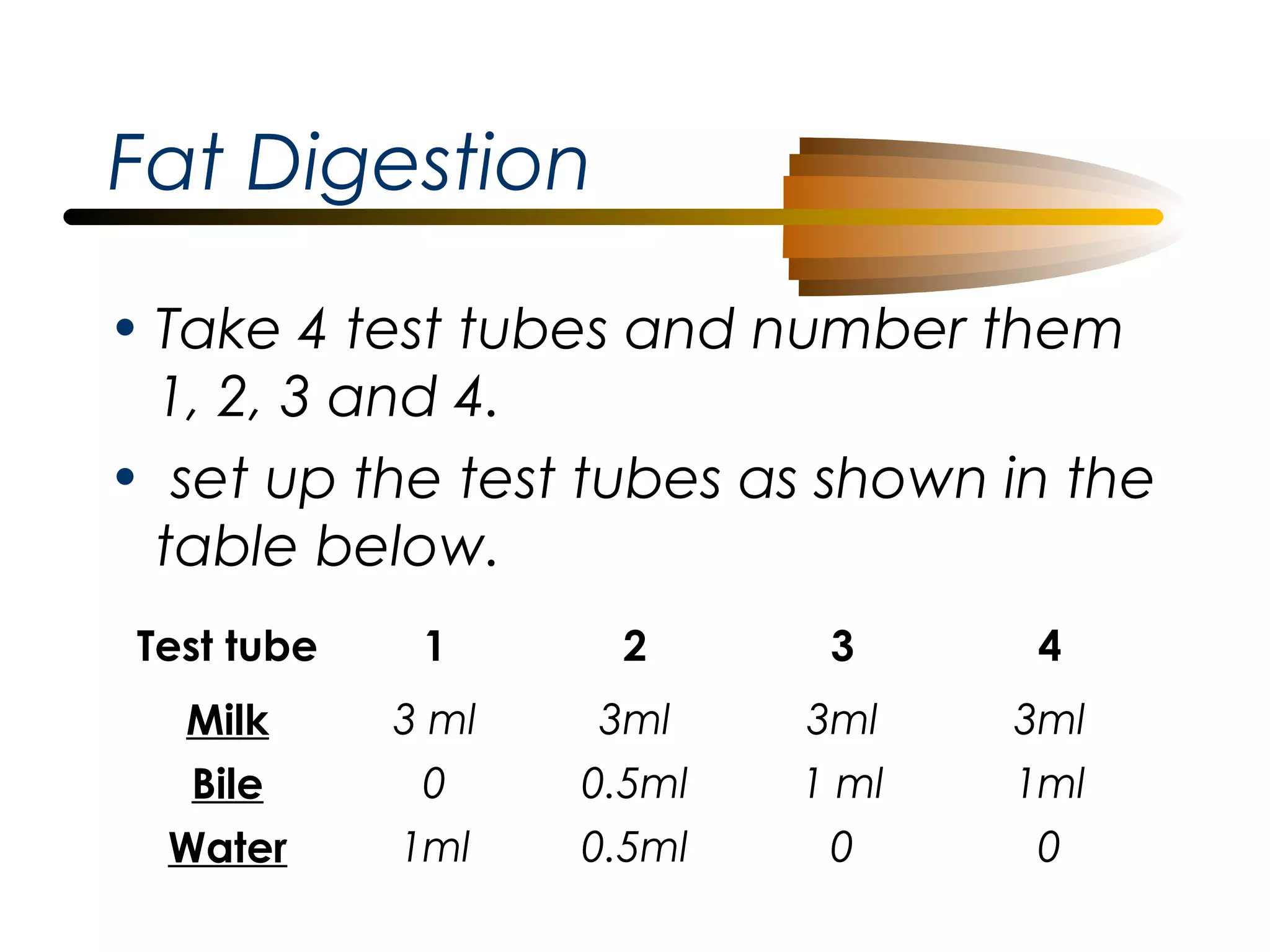 Fat Digestion
• Take 4 test tubes and number them
1, 2, 3 and 4.
• set up the test tubes as shown in the
table below.
Test tube

1

2

3

4

Milk

3 ml

3ml

3ml

3ml

Bile

0

0.5ml

1 ml

1ml

Water

1ml

0.5ml

0

0

 