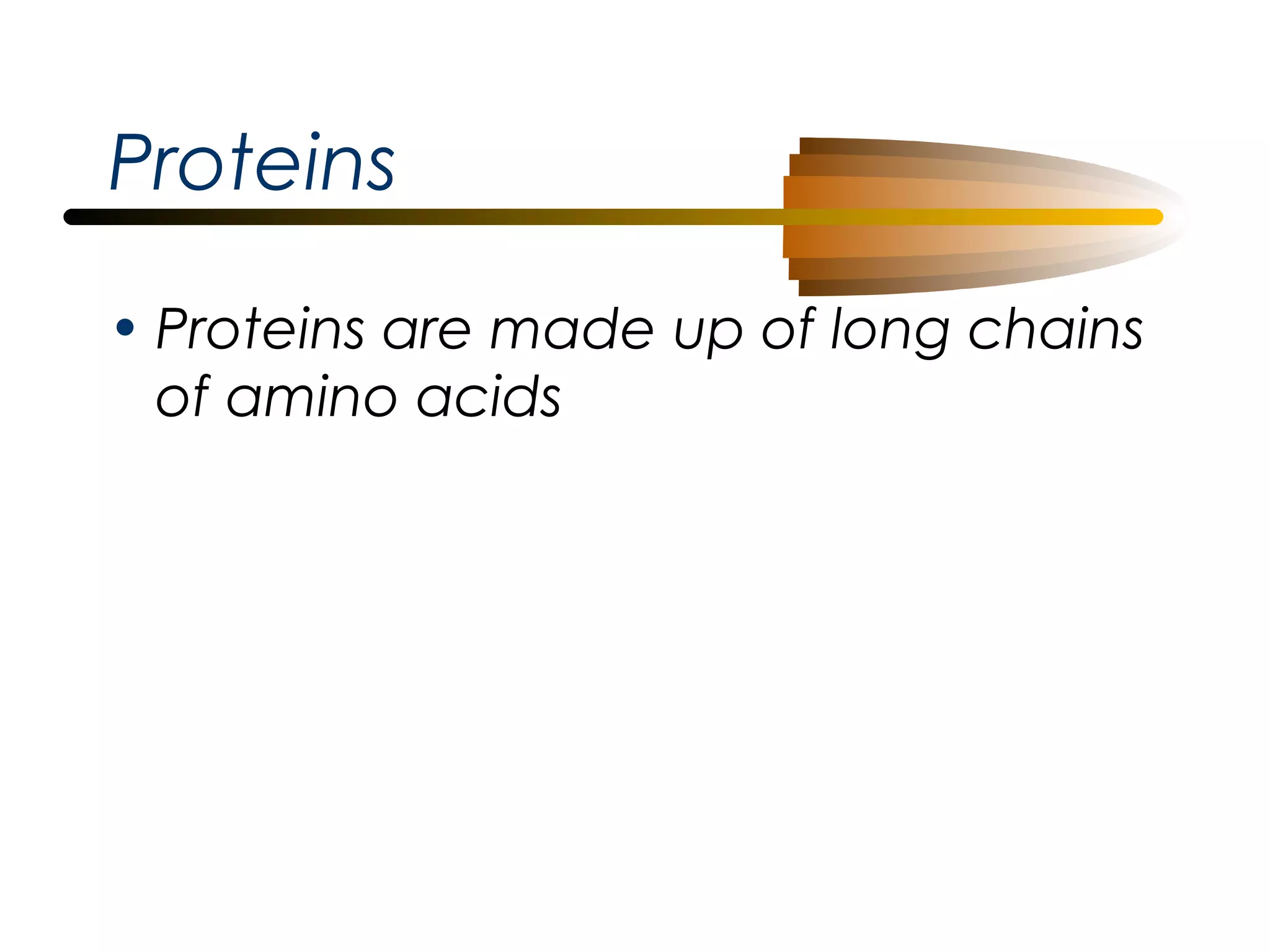Proteins
• Proteins are made up of long chains
of amino acids

 