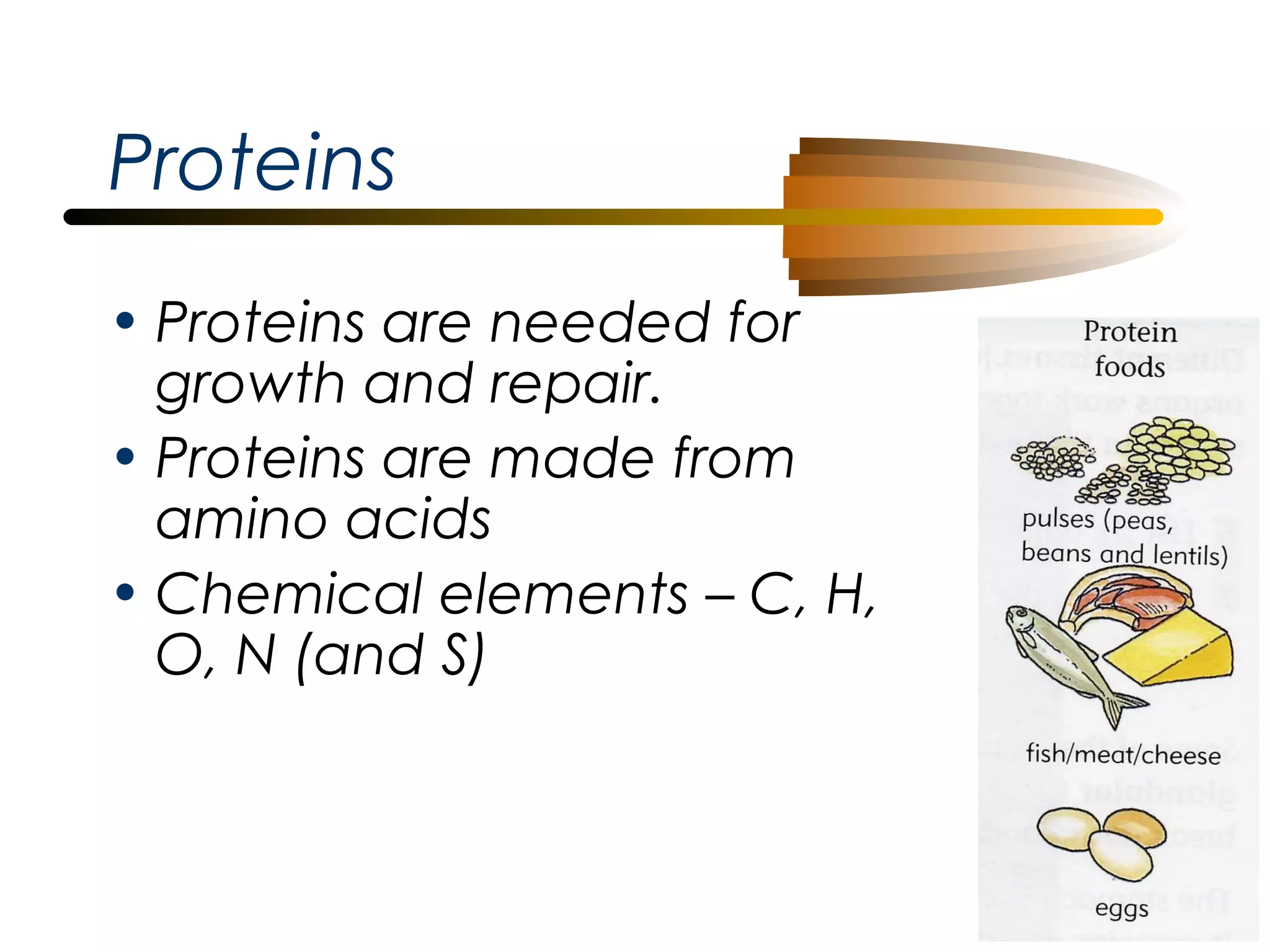 Proteins
• Proteins are needed for
growth and repair.
• Proteins are made from
amino acids
• Chemical elements – C, H,
O, N (and S)

 