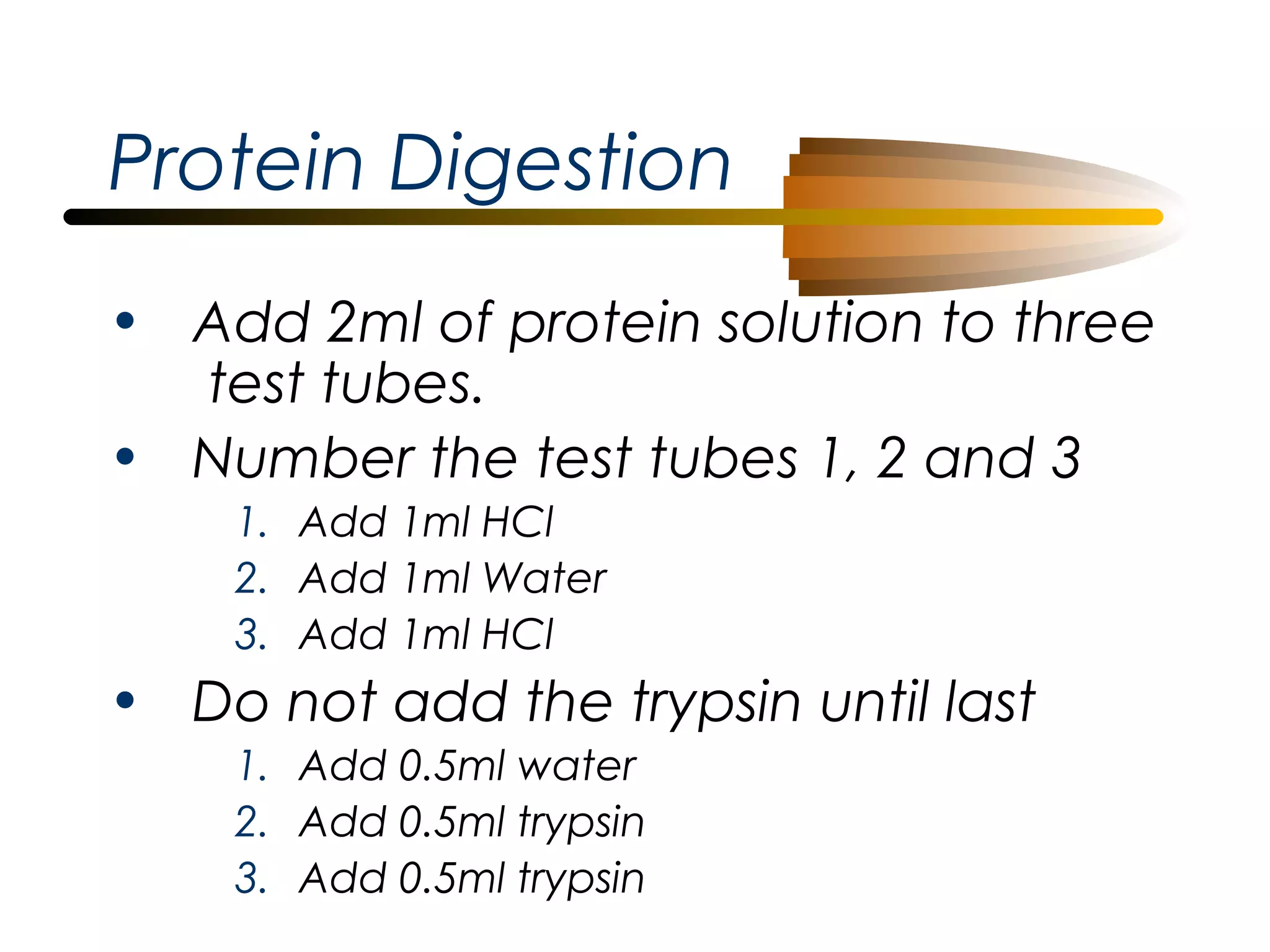 Protein Digestion
• Add 2ml of protein solution to three
test tubes.
• Number the test tubes 1, 2 and 3
1. Add 1ml HCl
2. Add 1ml Water
3. Add 1ml HCl

• Do not add the trypsin until last
1. Add 0.5ml water
2. Add 0.5ml trypsin
3. Add 0.5ml trypsin

 