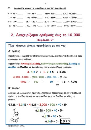 10
ΚΟΥΦΟΠΟΥΛΟΥ ΜΑΡΙΑ
26. Υπολογίζω νοερά τις προσθέσεις και τις αφαιρέσεις:
67 + 29 = ……….. 152 + 19 = ………… 199 + 355=………….. 3.200 +1.999=…………
77 + 18= …………. 745 + 598=………… 650 + 699=…………. 4.567 + 3.998=…………
84 - 19 =………… 163 - 39 = …………. 576 - 199 =………… 7.000 – 2.997=………..
57- 28 =………….. 300 - 198 =………. 236 + 298 = ……….. 3.600 – 599= ………….
Α΄ τρόπος
Προσθέτουμε χωριστά την αξία των ψηφίων που βρίσκονται στις ίδιες θέσεις αφού
αναλύσουμε τους αριθμούς.
Προσθέτουμε Χιλιάδες με Χιλιάδες, Εκατοντάδες με Εκατοντάδες, Δεκάδες με
Δεκάδες και Μονάδες με Μονάδες και έπειτα υπολογίζουμε το σύνολο.
3. 4 5 7 + 1. 2 4 5 = 4.702
(3.000 + 1.000) + (400 + 200) + (50 + 40) + (7 + 5)
4.000 + 600 + 90 + 12 = 4.702
102
Β΄ τρόπος
Ξεκινάμε με ολόκληρο τον πρώτο προσθετέο και προσθέτουμε σε αυτόν διαδοχικά
πρώτα τις χιλιάδες, ύστερα τις εκατοντάδες, μετά τις δεκάδες και τέλος τις
μονάδες.
4.628 + 2.345 = 4.628 + 2.000 + 300 + 40 + 5=
6.628 + 300 + 40 + 5=
6.928 + 40 + 5=
6.968 + 5= 6.9 7 3
 