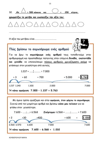 13
ΚΟΥΦΟΠΟΥΛΟΥ ΜΑΡΙΑ
32. Αν = 500 κόκκινο και = 250 κίτρινο ,
χρωματίζω το μοτίβο και υπολογίζω την αξία του:
………………………………………………………………………………………………………………………………
Η αξία του μοτίβου είναι…………………………………..
Για να βρω το συμπλήρωμα ενός αριθμού τους τοποθετούμε στην
αριθμογραμμή και προσπαθούμε πατώντας στην επόμενη δεκάδα, εκατοντάδα
και χιλιάδα να υπολογίσουμε πόσους αριθμούς χρειαζόμαστε ακόμα να
φτάσουμε στον μεγαλύτερο από αυτούς.
1.237 + ……;………… = 7.000
+ 3 + 60 + 700 + 5.000 = 5.763
_________________________________________________________________________________________________
1.237 1.240 1.300 2.000 7.000
Ή κάνω αφαίρεση 7.000 – 1.237 = 5.763
Με όμοιο τρόπο εργάζομαι και στην αφαίρεση, όταν ψάχνω το συμπλήρωμα.
Ξεκινώ από τον μικρότερο αριθμό και βρίσκω πόσα μου λείπουν για να
φτάσω στον μεγαλύτερο.
7.600 - ……;…..= 6.568 Σκέφτομαι: 6.568 + ………;………… = 7.600
+ 2 +30 +400 + 600 = 1.032
________________________________________________________________________________________________
6.568 6.570 6.600 7.000 7.600
Ή κάνω αφαίρεση 7.600 - 6.568 = 1.032
 