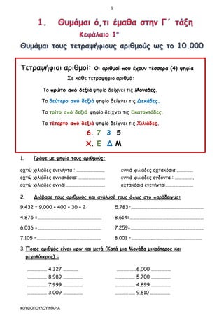 1
ΚΟΥΦΟΠΟΥΛΟΥ ΜΑΡΙΑ
Τετραψήφιοι αριθμοί: Οι αριθμοί που έχουν τέσσερα (4) ψηφία
Σε κάθε τετραψήφιο αριθμό:
Το πρώτο από δεξιά ψηφίο δείχνει τις Μονάδες.
Το δεύτερο από δεξιά ψηφίο δείχνει τις Δεκάδες.
Το τρίτο από δεξιά ψηφίο δείχνει τις Εκατοντάδες.
Το τέταρτο από δεξιά ψηφίο δείχνει τις Χιλιάδες.
6. 7 3 5
Χ. Ε Δ Μ
1. Γράψε με ψηφία τους αριθμούς:
οχτώ χιλιάδες ενενήντα : ………………..….. εννιά χιλιάδες οχτακόσια:……………
οχτώ χιλιάδες εννιακόσια: …………………… εννιά χιλιάδες ογδόντα : ……………..
οχτώ χιλιάδες εννιά:……………………………… οχτακόσια ενενήντα:…………………….
2. Διάβασε τους αριθμούς και ανάλυσέ τους όπως στο παράδειγμα:
9.432 = 9.000 + 400 + 30 + 2 5.783=…………………………………………………………
4.875 =…………………………………………………. 8.614=………………………………………………….………
6.036 =…………………………………………………. 7.259=…………………………………………..…………….
7.105 =…………………………………………………. 8.001 =………………..……………………..………………
3. Ποιος αριθμός είναι πριν και μετά (Κατά μια Μονάδα μικρότερος και
μεγαλύτερος) :
……………… 4.327 ………….. ………………6.000 ………………
……………… 8.989 ……………… ……………… 5.700 ………………
……………… 7.999 ……………… ……………… 4.899 ………………
……………… 3.009 ……………… ……………… 9.610 ………………
 
