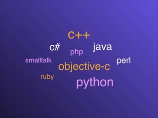 c++
c#
smalltalk
ruby

php

java

objective-c

python

perl

 