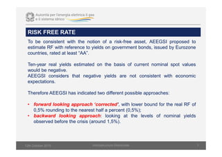RISK FREE RATE
Infsrastructure Directorate 7
To be consistent with the notion of a risk-free asset, AEEGSI proposed to
estimate RF with reference to yields on government bonds, issued by Eurozone
countries, rated at least “AA”.
Ten-year real yields estimated on the basis of current nominal spot values
would be negative.
AEEGSI considers that negative yields are not consistent with economic
expectations.
Therefore AEEGSI has indicated two different possible approaches:
• forward looking approach ‘corrected’, with lower bound for the real RF of
0,5% rounding to the nearest half a percent (0,5%);
• backward looking approach: looking at the levels of nominal yields
observed before the crisis (around 1,5%).
12th October 2015
 