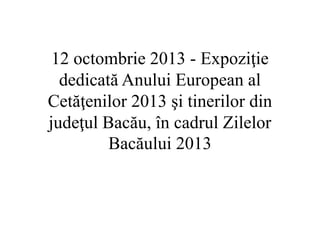 12 octombrie 2013 - Expoziţie 
dedicată Anului European al 
Cetăţenilor 2013 şi tinerilor din 
judeţul Bacău, în cadrul Zilelor 
Bacăului 2013 
 
