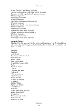 Ifadowole

Él dijo Òtúrú ní n pon Òdàràá lo dílè Ifè
Adivinación lanzada para Ikúyèbá el niño de Agùnnàre
La muerte se había esquibado indirecto para nosotros
El niño de Agùnnàre
Yo sacrifiqué veinte mil
El niño de Agùnnàre
La pérdida se había esquivado indirecto
El niño de Agùnnàre
Yo había sacrificado a una mano entusiasta
El niño de Agùnnàre
Yo sacrifiqué veinte mil
Yo sacrifiqué a una mano entusiasta
Ajoguns se agachó (esquivar) indirecto
El niño de Agùnnàre
Yo sacrifiqué veinte mil
Yo sacrifiqué a una mano entusiasta

Òtúrúpòn Òbàrà B
         ' '             ´                                                           ´
Ifá pé ònà èyìn Òdí kán n be tí eléyìun móoó lo tàbí tí ón féé mú u lo. Tí eníkan bá n mú
       '    '                '             '''          ' ''          '     '
u lo; kó lo, sùgbón tó bá je pé òun ló féé mú èèyàn kan lo sí èyìn odi, kò gbodò dan wò.
   '      ' '     '        '            ''                ' '                 ' '
Won ò níí mò ó.
   '          ' '
Pondara
    '
Pòndàrà
    '
A díá fún Itú
              ´
Èyí tí n pon Òdàrà lo silè Ifè
                     ' '               ' ' '
Itú ló mònà Ifè  '           '
Òdàrà ò mònà
 '                        '
              ´
Itú sì n sòwò lo sIfè             ´
 ´                            '
N lo àlobò ní gbogbo ìgbà
´ jèrè ' '
N
        '
Èsù bá bi Í leeré
    '
‘Ìwo Itú’
   ´ '
‘Nbí tóòó móo lo un’
              '' ' '' '
‘Mú òun lo’             '
‘Tóo bá mú òun lo’
      ''                            '
‘Ó dún mó òun’         '
Òdàrà gbó 'enà
 '                    '
Ó mo bí ón tíí sètùtù
            '       '           '
Ó sì mebo       ' '
Itú bá ní ó kálo              '
´
Ngbàa wón dóhùún     '      '
Àwón bá rù ú
          '
Wón sò ó
      ' ' `        '
Bóo ni nnkan àwon ti lè dáa?        '
Òdàrà sì ´ be nítòsí
 '                    n '
Ó ní Itú lebo        ' '
           `
Ni nnkaan yìn fi lè dáa
Wón bá mú Itú
      '
Wón bá fi Itú rúbo
      '                              '
                                               Ifadowole
                                                   28
 