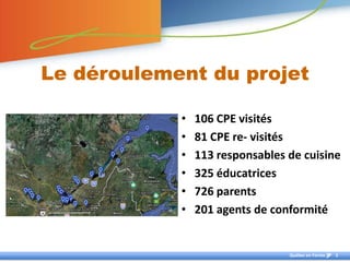 Le déroulement du projet

            •   106 CPE visités
            •   81 CPE re- visités
            •   113 responsables de cuisine
            •   325 éducatrices
            •   726 parents
            •   201 agents de conformité


                                 Québec en Forme   2
 