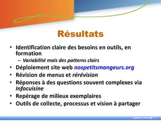Résultats
• Identification claire des besoins en outils, en
  formation
   – Variabilité mais des patterns clairs
• Déploiement site web nospetitsmangeurs.org
• Révision de menus et rérévision
• Réponses à des questions souvent complexes via
  Infocuisine
• Repérage de milieux exemplaires
• Outils de collecte, processus et vision à partager

                                                    Québec en Forme   6
 