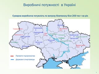 Виробничі потужності в Україні
7
Сумарна виробнича потужність по випуску біоетанолу біля 200 тис т на рік
Приватні підприємства
Державні спиртзаводи
Гнідавський 6,0 .
Зарубінський 1,4 .
 