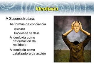 Ideoloxía
A Superestrutura:
  As formas de conciencia
    Alienada
    Conciencia de clase
  A ideoloxía como
    deformación da
    realidade
  A ideoloxía como
    catalizadora da acción
 