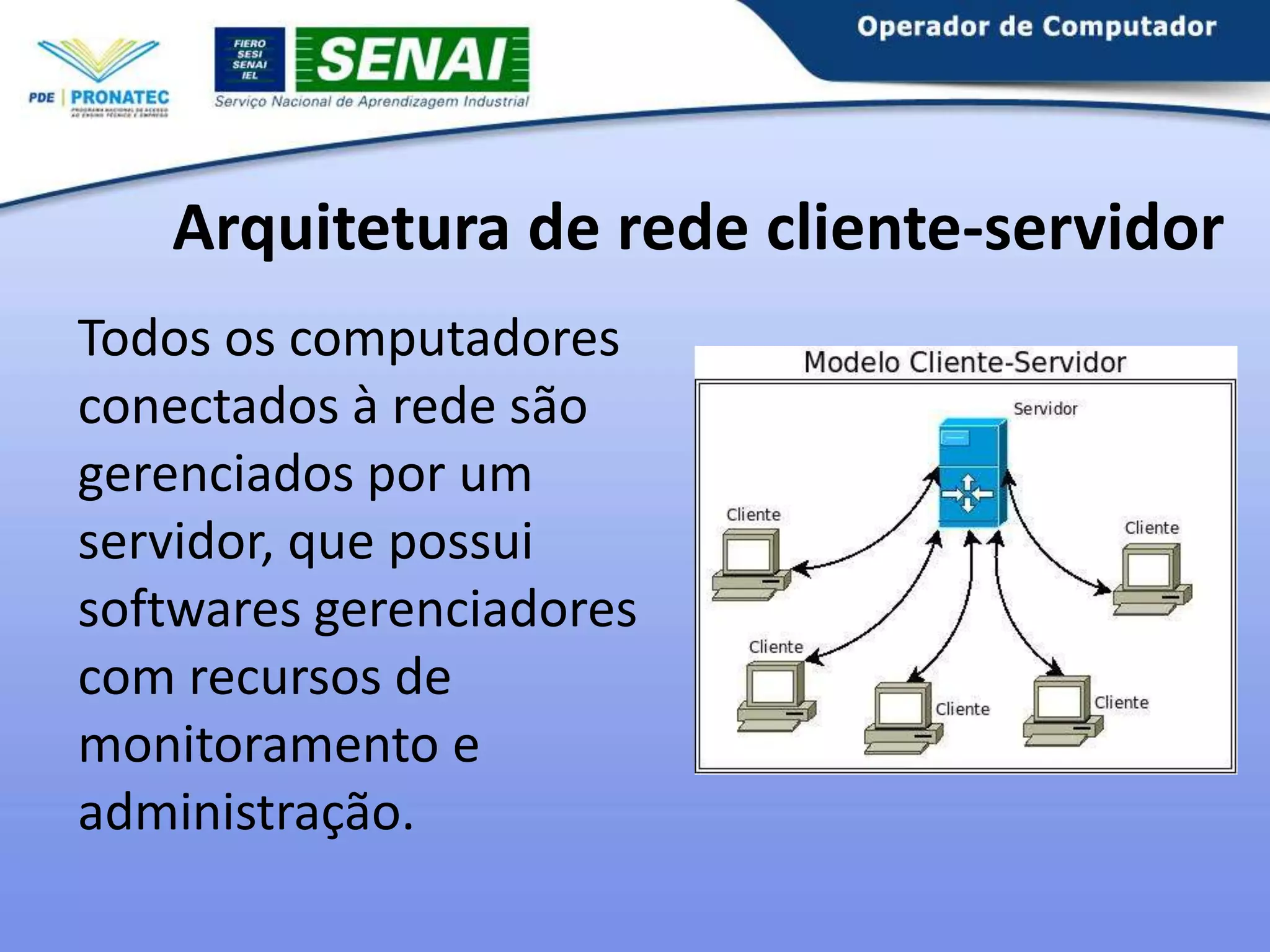 Arquitetura de rede cliente-servidor
Todos os computadores
conectados à rede são
gerenciados por um
servidor, que possui
softwares gerenciadores
com recursos de
monitoramento e
administração.

 