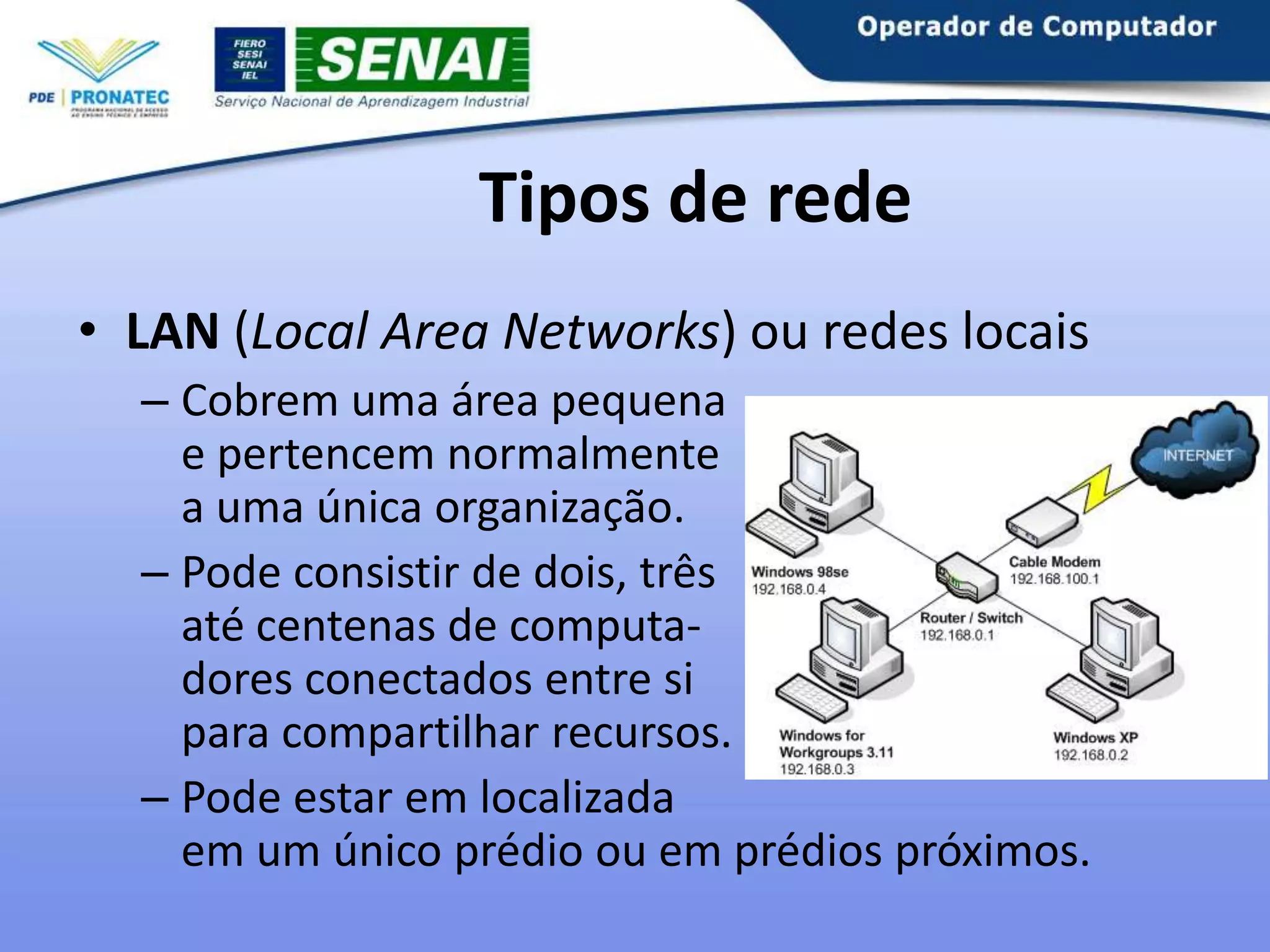 Tipos de rede
• LAN (Local Area Networks) ou redes locais
– Cobrem uma área pequena
e pertencem normalmente
a uma única organização.
– Pode consistir de dois, três
até centenas de computadores conectados entre si
para compartilhar recursos.
– Pode estar em localizada
em um único prédio ou em prédios próximos.

 