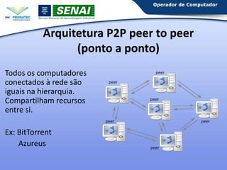 Arquitetura P2P peer to peer
(ponto a ponto)
Todos os computadores
conectados à rede são
iguais na hierarquia.
Compartilham recursos
entre si.

Ex: BitTorrent
Azureus

 
