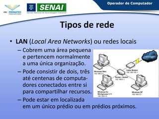 Tipos de rede
• LAN (Local Area Networks) ou redes locais
– Cobrem uma área pequena
e pertencem normalmente
a uma única organização.
– Pode consistir de dois, três
até centenas de computadores conectados entre si
para compartilhar recursos.
– Pode estar em localizada
em um único prédio ou em prédios próximos.

 