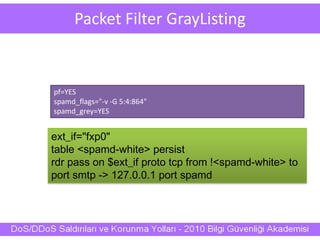 Packet Filter GrayListing
ext_if="fxp0"
table <spamd-white> persist
rdr pass on $ext_if proto tcp from !<spamd-white> to
port smtp -> 127.0.0.1 port spamd
pf=YES
spamd_flags="-v -G 5:4:864"
spamd_grey=YES
 