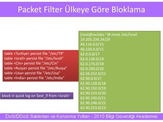 Packet Filter Ülkeye Göre Bloklama
table <Turkiye> persist file "/etc/TR"
table <israil> persist file "/etc/Israil"
table <Cin> persist file "/etc/Cin"
table <Rusya> persist file "/etc/Rusya"
table <Usa> persist file "/etc/Usa"
table <India> persist file "/etc/India"
[root@seclabs ~]# more /etc/israil
19.203.239.24/29
46.116.0.0/15
46.120.0.0/15
62.0.0.0/17
62.0.128.0/19
62.0.176.0/18
62.0.240.0/20
62.56.252.0/22
62.90.0.0/17
62.90.128.0/18
62.90.192.0/19
62.90.224.0/20
62.90.240.0/21
62.90.248.0/22
62.90.253.0/23
block in quick log on $ext_if from <israil>
 