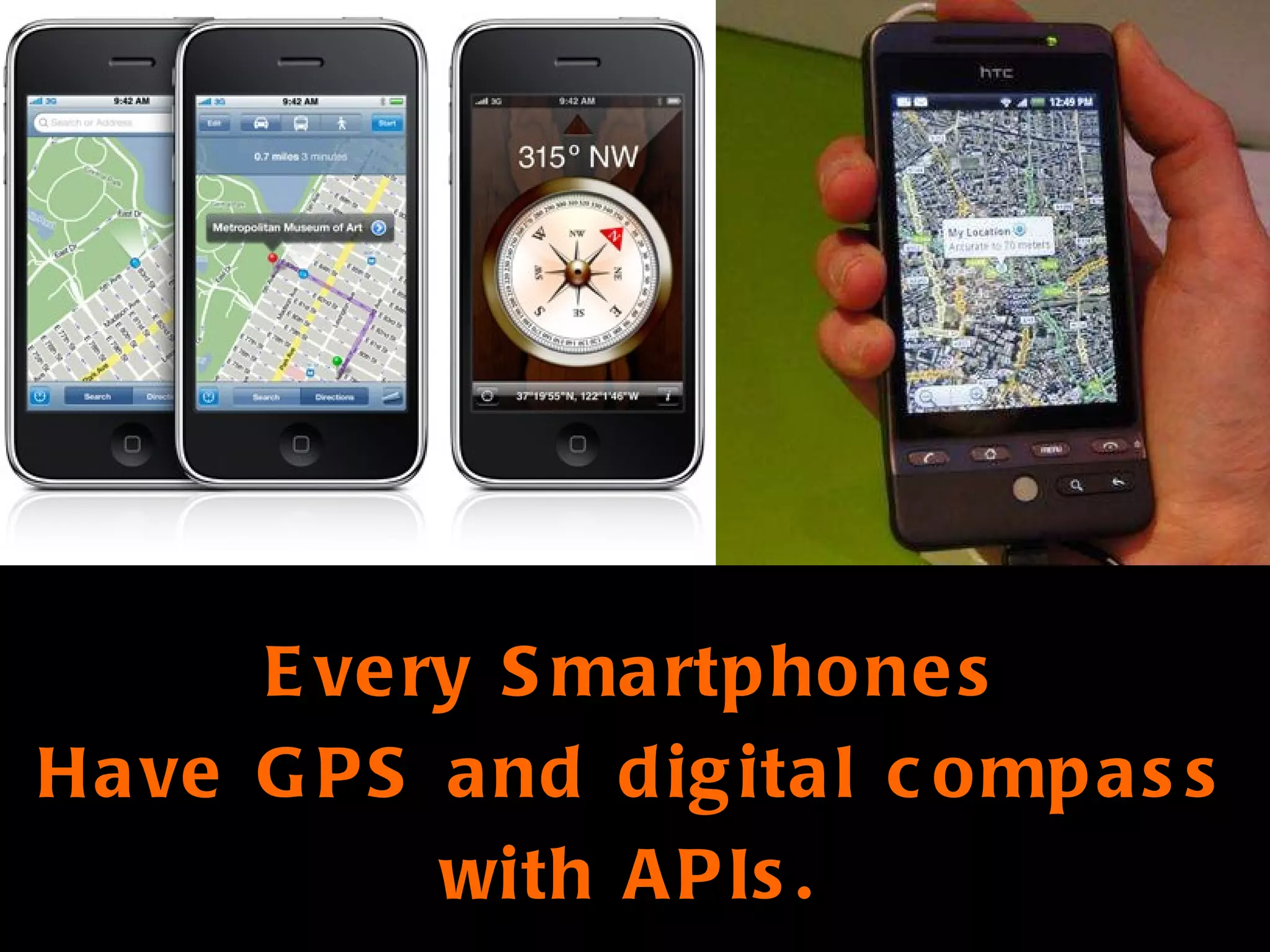 Every Smartphones Have GPS and digital compass with APIs. 