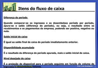 PUCRS/FACE: Orçamento Empresarial Prof. Luis Guadagnin
Itens do fluxo de caixa
Diferença do período
Quando comparar-se os ingressos e os desembolsos período por período,
apura-se o saldo (diferença do período), ou seja, o resultado entre os
recebimentos e os pagamentos da empresa, podendo ser positiva, negativa ou
nula.
Saldo inicial de caixa
É igual ao saldo final de caixa do período imediatamente anterior.
Disponibilidade acumulada
É o resultado da diferença do período apurada, mais o saldo inicial de caixa.
Nível desejado de caixa
É a projeção do disponível para o período seguinte em função do volume de
ingressos e desembolsos futuros.
 