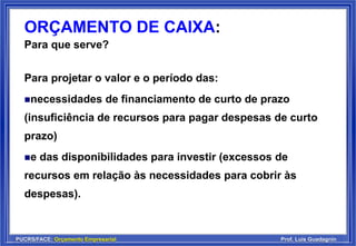 PUCRS/FACE: Orçamento Empresarial Prof. Luis Guadagnin
ORÇAMENTO DE CAIXA:
Para que serve?
Para projetar o valor e o período das:
necessidades de financiamento de curto de prazo
(insuficiência de recursos para pagar despesas de curto
prazo)
e das disponibilidades para investir (excessos de
recursos em relação às necessidades para cobrir às
despesas).
 