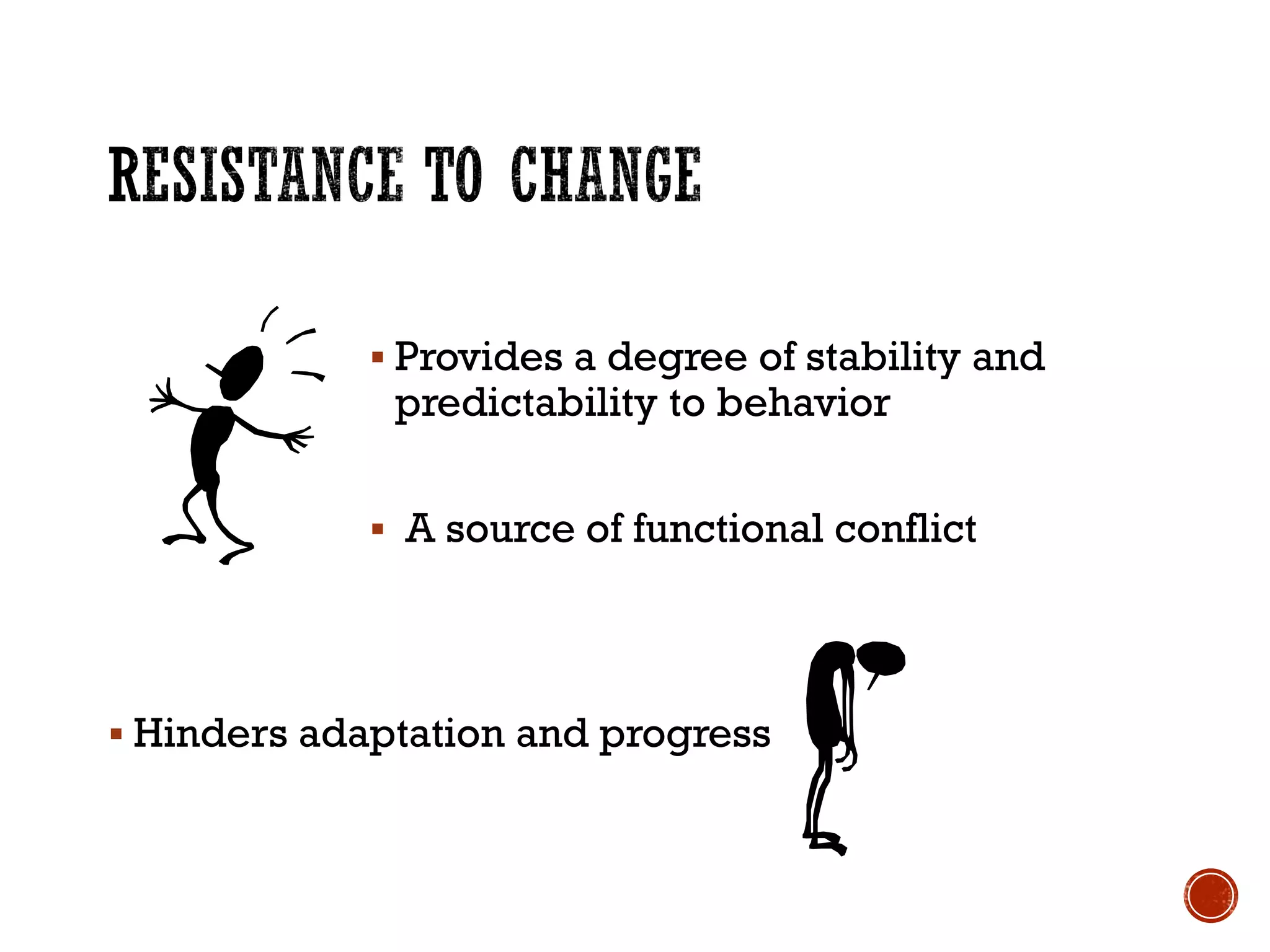  Provides a degree of stability and
predictability to behavior
 A source of functional conflict
 Hinders adaptation and progress
 
