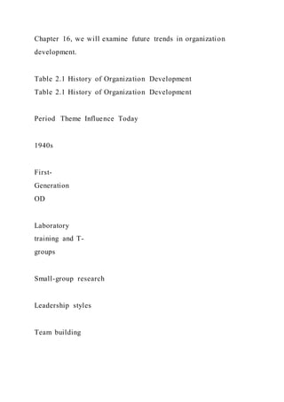 Chapter 16, we will examine future trends in organization
development.
Table 2.1 History of Organization Development
Table 2.1 History of Organization Development
Period Theme Influence Today
1940s
First-
Generation
OD
Laboratory
training and T-
groups
Small-group research
Leadership styles
Team building
 