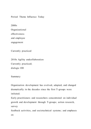 Period Theme Influence Today
2000s
Organizational
effectiveness
and employee
engagement
Currently practiced
2010s Agility andcollaboration
Currently practiced;
dialogic OD
Summary
Organization development has evolved, adapted, and changed
dramatically in the decades since the first T-groups were
initiated.
Early practitioners and researchers concentrated on individual
growth and development through T-groups; action research,
survey
feedback activities, and sociotechnical systems; and emphases
on
 