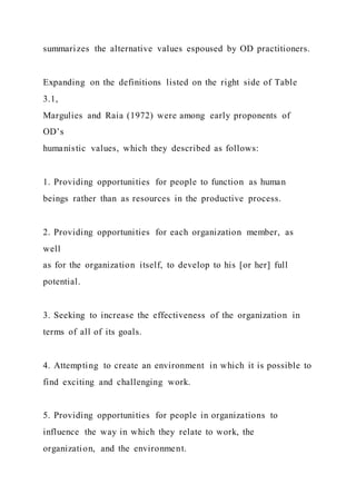 summarizes the alternative values espoused by OD practitioners.
Expanding on the definitions listed on the right side of Table
3.1,
Margulies and Raia (1972) were among early proponents of
OD’s
humanistic values, which they described as follows:
1. Providing opportunities for people to function as human
beings rather than as resources in the productive process.
2. Providing opportunities for each organization member, as
well
as for the organization itself, to develop to his [or her] full
potential.
3. Seeking to increase the effectiveness of the organization in
terms of all of its goals.
4. Attempting to create an environment in which it is possible to
find exciting and challenging work.
5. Providing opportunities for people in organizations to
influence the way in which they relate to work, the
organization, and the environment.
 