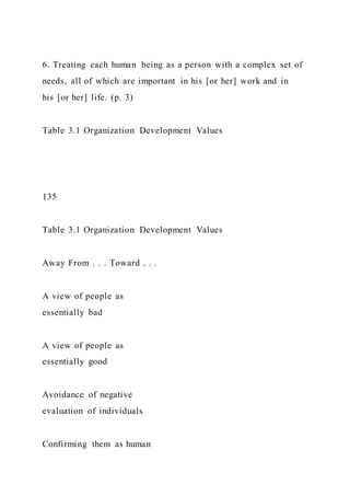 6. Treating each human being as a person with a complex set of
needs, all of which are important in his [or her] work and in
his [or her] life. (p. 3)
Table 3.1 Organization Development Values
135
Table 3.1 Organization Development Values
Away From . . . Toward . . .
A view of people as
essentially bad
A view of people as
essentially good
Avoidance of negative
evaluation of individuals
Confirming them as human
 