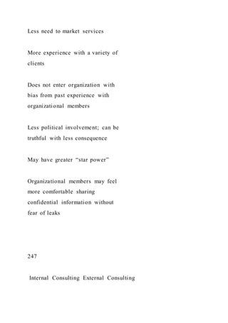 Less need to market services
More experience with a variety of
clients
Does not enter organization with
bias from past experience with
organizational members
Less political involvement; can be
truthful with less consequence
May have greater “star power”
Organizational members may feel
more comfortable sharing
confidential information without
fear of leaks
247
Internal Consulting External Consulting
 