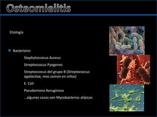 Etiología
Bacteriano:
Staphyloccocus Aureus
Streptoccocus Pyogenes
Streptoccocus del grupo B (Streptococcus
agalactiae, mas común en niños)
E. Coli
Pseudomona Aeruginosa
…algunos casos con Mycobacterias atípicas
 