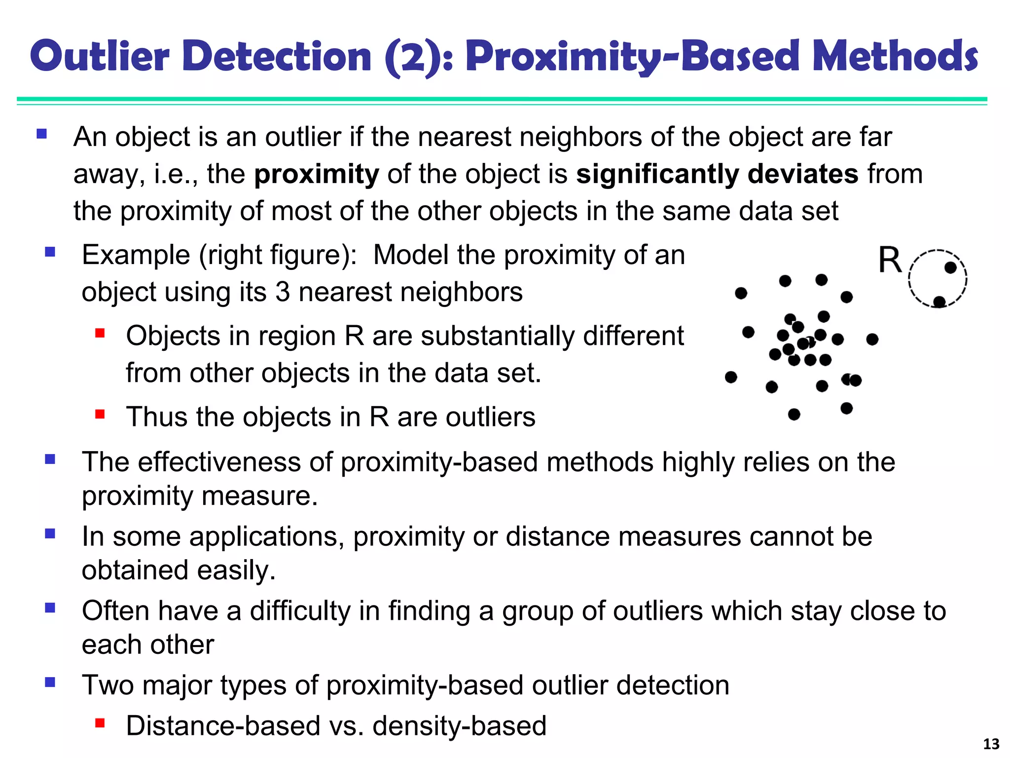 Outlier Detection (2): Proximity-Based Methods 
 An object is an outlier if the nearest neighbors of the object are far 
away, i.e., the proximity of the object is significantly deviates from 
the proximity of most of the other objects in the same data set 
13 
 Example (right figure): Model the proximity of an 
object using its 3 nearest neighbors 
 Objects in region R are substantially different 
from other objects in the data set. 
 Thus the objects in R are outliers 
 The effectiveness of proximity-based methods highly relies on the 
proximity measure. 
 In some applications, proximity or distance measures cannot be 
obtained easily. 
 Often have a difficulty in finding a group of outliers which stay close to 
each other 
 Two major types of proximity-based outlier detection 
 Distance-based vs. density-based 
 