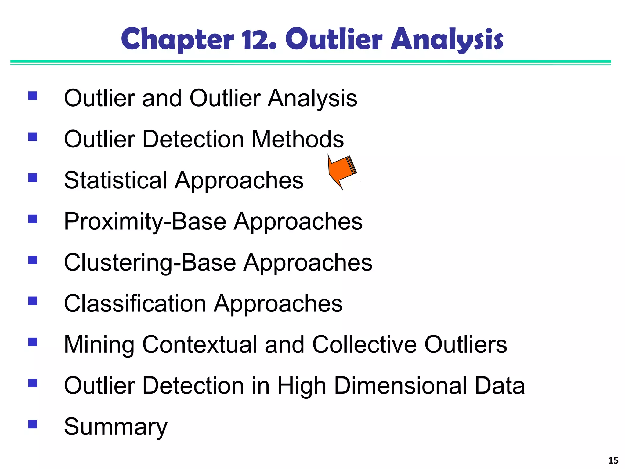 15 
Chapter 12. Outlier Analysis 
 Outlier and Outlier Analysis 
 Outlier Detection Methods 
 Statistical Approaches 
 Proximity-Base Approaches 
 Clustering-Base Approaches 
 Classification Approaches 
 Mining Contextual and Collective Outliers 
 Outlier Detection in High Dimensional Data 
 Summary 
 
