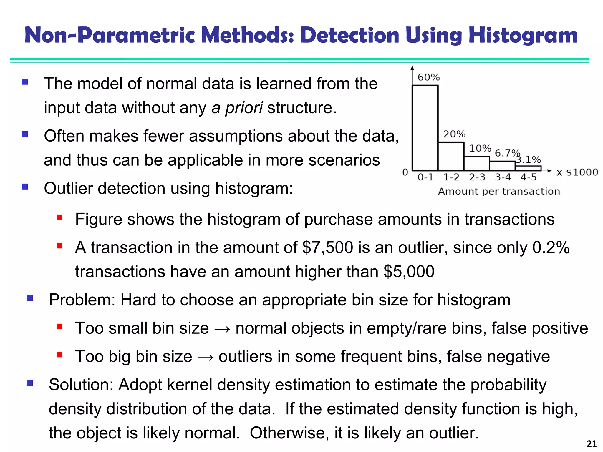 Non-Parametric Methods: Detection Using Histogram 
 The model of normal data is learned from the 
input data without any a priori structure. 
 Often makes fewer assumptions about the data, 
and thus can be applicable in more scenarios 
 Outlier detection using histogram: 
21 
 Figure shows the histogram of purchase amounts in transactions 
 A transaction in the amount of $7,500 is an outlier, since only 0.2% 
transactions have an amount higher than $5,000 
 Problem: Hard to choose an appropriate bin size for histogram 
 Too small bin size → normal objects in empty/rare bins, false positive 
 Too big bin size → outliers in some frequent bins, false negative 
 Solution: Adopt kernel density estimation to estimate the probability 
density distribution of the data. If the estimated density function is high, 
the object is likely normal. Otherwise, it is likely an outlier. 
 