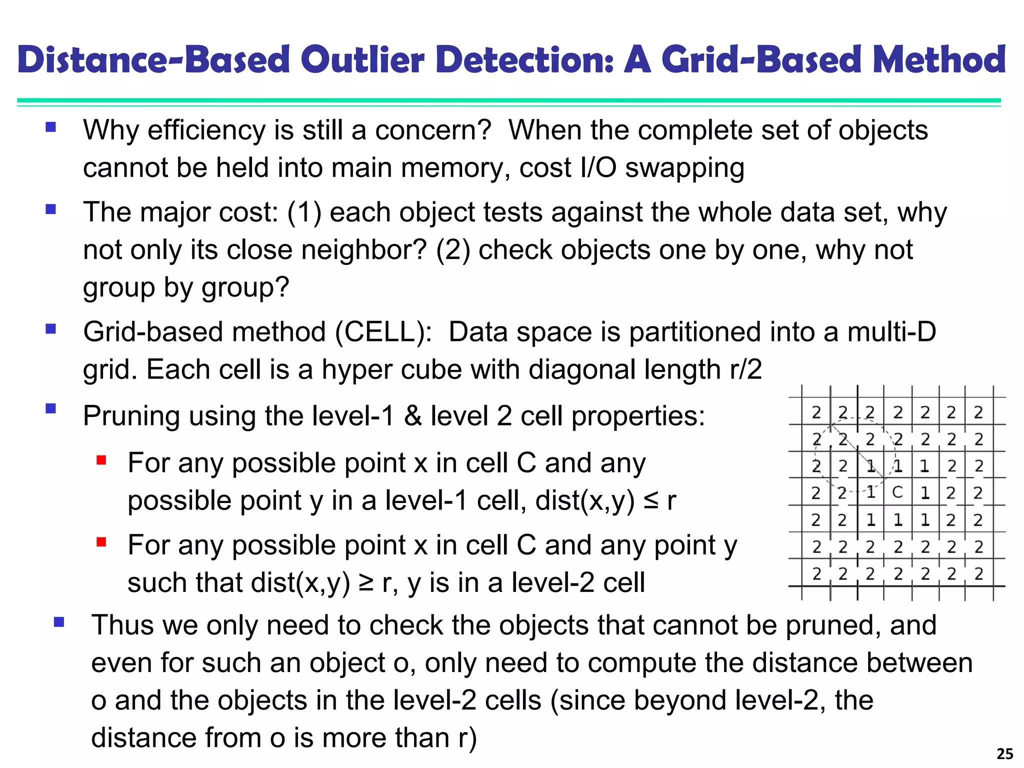 Distance-Based Outlier Detection: A Grid-Based Method 
 Why efficiency is still a concern? When the complete set of objects 
cannot be held into main memory, cost I/O swapping 
 The major cost: (1) each object tests against the whole data set, why 
not only its close neighbor? (2) check objects one by one, why not 
group by group? 
 Grid-based method (CELL): Data space is partitioned into a multi-D 
grid. Each cell is a hyper cube with diagonal length r/2 
25 
 Pruning using the level-1 & level 2 cell properties: 
 For any possible point x in cell C and any 
possible point y in a level-1 cell, dist(x,y) ≤ r 
 For any possible point x in cell C and any point y 
such that dist(x,y) ≥ r, y is in a level-2 cell 
 Thus we only need to check the objects that cannot be pruned, and 
even for such an object o, only need to compute the distance between 
o and the objects in the level-2 cells (since beyond level-2, the 
distance from o is more than r) 
 