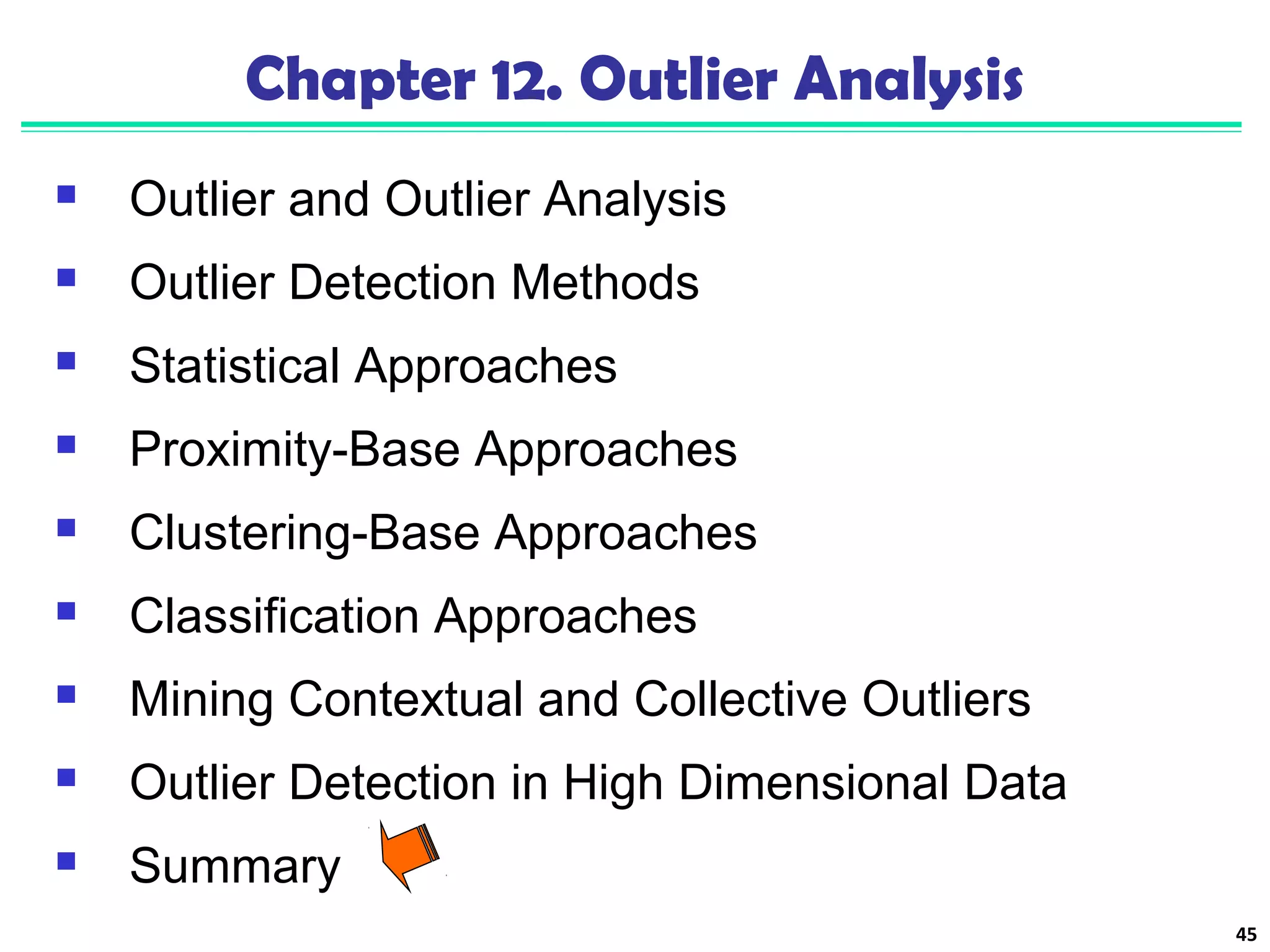 45 
Chapter 12. Outlier Analysis 
 Outlier and Outlier Analysis 
 Outlier Detection Methods 
 Statistical Approaches 
 Proximity-Base Approaches 
 Clustering-Base Approaches 
 Classification Approaches 
 Mining Contextual and Collective Outliers 
 Outlier Detection in High Dimensional Data 
 Summary 
 