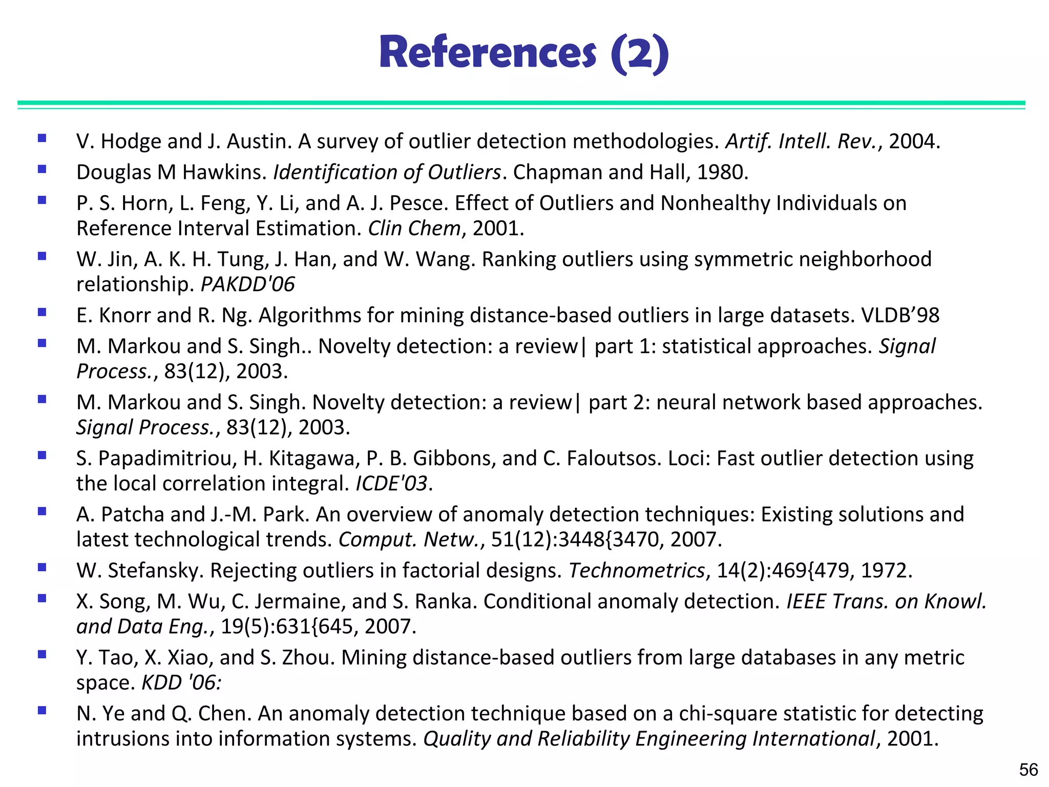 56 
References (2) 
 V. Hodge and J. Austin. A survey of outlier detection methodologies. Artif. Intell. Rev., 2004. 
 Douglas M Hawkins. Identification of Outliers. Chapman and Hall, 1980. 
 P. S. Horn, L. Feng, Y. Li, and A. J. Pesce. Effect of Outliers and Nonhealthy Individuals on 
Reference Interval Estimation. Clin Chem, 2001. 
 W. Jin, A. K. H. Tung, J. Han, and W. Wang. Ranking outliers using symmetric neighborhood 
relationship. PAKDD'06 
 E. Knorr and R. Ng. Algorithms for mining distance-based outliers in large datasets. VLDB’98 
 M. Markou and S. Singh.. Novelty detection: a review| part 1: statistical approaches. Signal 
Process., 83(12), 2003. 
 M. Markou and S. Singh. Novelty detection: a review| part 2: neural network based approaches. 
Signal Process., 83(12), 2003. 
 S. Papadimitriou, H. Kitagawa, P. B. Gibbons, and C. Faloutsos. Loci: Fast outlier detection using 
the local correlation integral. ICDE'03. 
 A. Patcha and J.-M. Park. An overview of anomaly detection techniques: Existing solutions and 
latest technological trends. Comput. Netw., 51(12):3448{3470, 2007. 
 W. Stefansky. Rejecting outliers in factorial designs. Technometrics, 14(2):469{479, 1972. 
 X. Song, M. Wu, C. Jermaine, and S. Ranka. Conditional anomaly detection. IEEE Trans. on Knowl. 
and Data Eng., 19(5):631{645, 2007. 
 Y. Tao, X. Xiao, and S. Zhou. Mining distance-based outliers from large databases in any metric 
space. KDD '06: 
 N. Ye and Q. Chen. An anomaly detection technique based on a chi-square statistic for detecting 
intrusions into information systems. Quality and Reliability Engineering International, 2001. 
