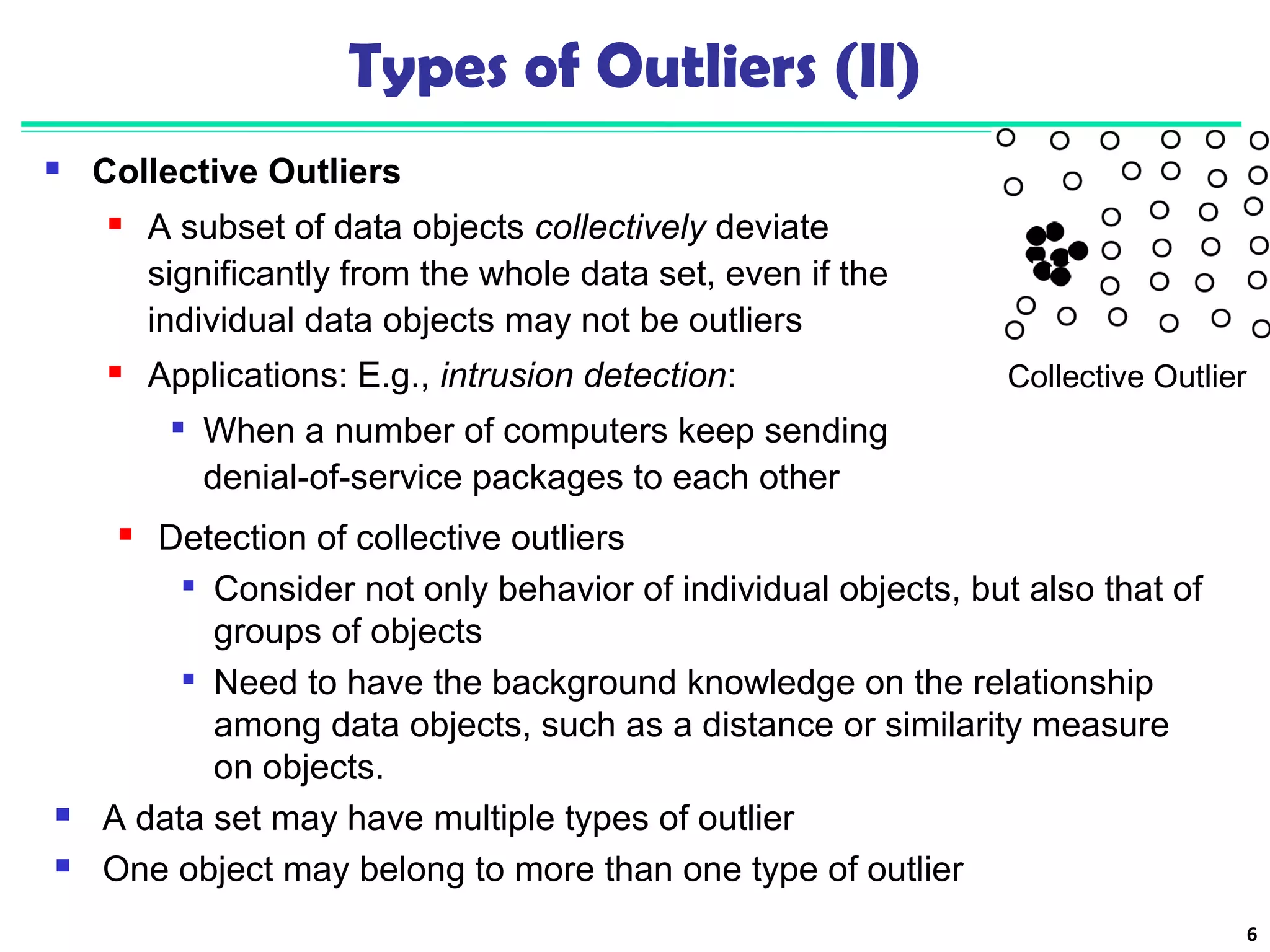 6 
Types of Outliers (II) 
 Collective Outliers 
 A subset of data objects collectively deviate 
significantly from the whole data set, even if the 
individual data objects may not be outliers 
 Applications: E.g., intrusion detection: 
 When a number of computers keep sending 
denial-of-service packages to each other 
Collective Outlier 
 Detection of collective outliers 
 Consider not only behavior of individual objects, but also that of 
groups of objects 
 Need to have the background knowledge on the relationship 
among data objects, such as a distance or similarity measure 
on objects. 
 A data set may have multiple types of outlier 
 One object may belong to more than one type of outlier 
 