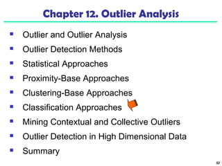 32 
Chapter 12. Outlier Analysis 
 Outlier and Outlier Analysis 
 Outlier Detection Methods 
 Statistical Approaches 
 Proximity-Base Approaches 
 Clustering-Base Approaches 
 Classification Approaches 
 Mining Contextual and Collective Outliers 
 Outlier Detection in High Dimensional Data 
 Summary 
 