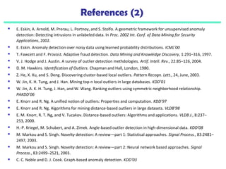 References (2) 
 E. Eskin, A. Arnold, M. Prerau, L. Portnoy, and S. Stolfo. A geometric framework for unsupervised anomaly 
detection: Detecting intrusions in unlabeled data. In Proc. 2002 Int. Conf. of Data Mining for Security 
Applications, 2002. 
 E. Eskin. Anomaly detection over noisy data using learned probability distributions. ICML’00 
 T. Fawcett and F. Provost. Adaptive fraud detection. Data Mining and Knowledge Discovery, 1:291–316, 1997. 
 V. J. Hodge and J. Austin. A survey of outlier detection methdologies. Artif. Intell. Rev., 22:85–126, 2004. 
 D. M. Hawkins. Identification of Outliers. Chapman and Hall, London, 1980. 
 Z. He, X. Xu, and S. Deng. Discovering cluster-based local outliers. Pattern Recogn. Lett., 24, June, 2003. 
 W. Jin, K. H. Tung, and J. Han. Mining top-n local outliers in large databases. KDD’01 
 W. Jin, A. K. H. Tung, J. Han, and W. Wang. Ranking outliers using symmetric neighborhood relationship. 
PAKDD’06 
 E. Knorr and R. Ng. A unified notion of outliers: Properties and computation. KDD’97 
 E. Knorr and R. Ng. Algorithms for mining distance-based outliers in large datasets. VLDB’98 
 E. M. Knorr, R. T. Ng, and V. Tucakov. Distance-based outliers: Algorithms and applications. VLDB J., 8:237– 
253, 2000. 
 H.-P. Kriegel, M. Schubert, and A. Zimek. Angle-based outlier detection in high-dimensional data. KDD’08 
 M. Markou and S. Singh. Novelty detection: A review—part 1: Statistical approaches. Signal Process., 83:2481– 
2497, 2003. 
 M. Markou and S. Singh. Novelty detection: A review—part 2: Neural network based approaches. Signal 
Process., 83:2499–2521, 2003. 
 C. C. Noble and D. J. Cook. Graph-based anomaly detection. KDD’03 
 