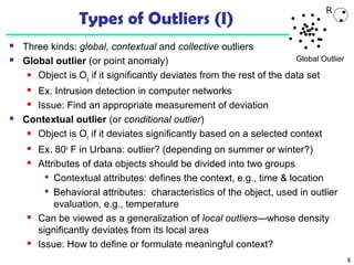 5 
Types of Outliers (I) 
 Three kinds: global, contextual and collective outliers 
 Global outlier (or point anomaly) 
Global Outlier 
 Object is Og if it significantly deviates from the rest of the data set 
 Ex. Intrusion detection in computer networks 
 Issue: Find an appropriate measurement of deviation 
 Contextual outlier (or conditional outlier) 
 Object is Oc if it deviates significantly based on a selected context 
 Ex. 80o F in Urbana: outlier? (depending on summer or winter?) 
 Attributes of data objects should be divided into two groups 
 Contextual attributes: defines the context, e.g., time & location 
 Behavioral attributes: characteristics of the object, used in outlier 
evaluation, e.g., temperature 
 Can be viewed as a generalization of local outliers—whose density 
significantly deviates from its local area 
 Issue: How to define or formulate meaningful context? 
 