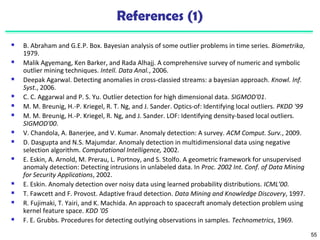 55 
References (1) 
 B. Abraham and G.E.P. Box. Bayesian analysis of some outlier problems in time series. Biometrika, 
1979. 
 Malik Agyemang, Ken Barker, and Rada Alhajj. A comprehensive survey of numeric and symbolic 
outlier mining techniques. Intell. Data Anal., 2006. 
 Deepak Agarwal. Detecting anomalies in cross-classied streams: a bayesian approach. Knowl. Inf. 
Syst., 2006. 
 C. C. Aggarwal and P. S. Yu. Outlier detection for high dimensional data. SIGMOD'01. 
 M. M. Breunig, H.-P. Kriegel, R. T. Ng, and J. Sander. Optics-of: Identifying local outliers. PKDD '99 
 M. M. Breunig, H.-P. Kriegel, R. Ng, and J. Sander. LOF: Identifying density-based local outliers. 
SIGMOD'00. 
 V. Chandola, A. Banerjee, and V. Kumar. Anomaly detection: A survey. ACM Comput. Surv., 2009. 
 D. Dasgupta and N.S. Majumdar. Anomaly detection in multidimensional data using negative 
selection algorithm. Computational Intelligence, 2002. 
 E. Eskin, A. Arnold, M. Prerau, L. Portnoy, and S. Stolfo. A geometric framework for unsupervised 
anomaly detection: Detecting intrusions in unlabeled data. In Proc. 2002 Int. Conf. of Data Mining 
for Security Applications, 2002. 
 E. Eskin. Anomaly detection over noisy data using learned probability distributions. ICML’00. 
 T. Fawcett and F. Provost. Adaptive fraud detection. Data Mining and Knowledge Discovery, 1997. 
 R. Fujimaki, T. Yairi, and K. Machida. An approach to spacecraft anomaly detection problem using 
kernel feature space. KDD '05 
 F. E. Grubbs. Procedures for detecting outlying observations in samples. Technometrics, 1969. 
 