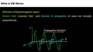 What is EM Waves
Definition of Electromagnetic waves
Electric field, magnetic field and direction of propagation of wave are mutually
perpendicular.
Propagation direction
Z
 