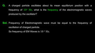 Q. A charged particle oscillates about its mean equilibrium position with a
frequency of 109
Hz. what is the frequency of the electromagnetic waves
produced by the oscillator?
Sol. Frequency of Electromagnetic wave must be equal to the frequency of
oscillation of charged particle.
So frequency of EM Waves is 10 9
Hz.
 