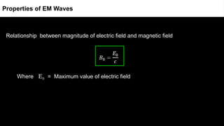 Relationship between magnitude of electric field and magnetic field
Where E0 = Maximum value of electric field
Properties of EM Waves
 