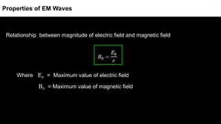 Relationship between magnitude of electric field and magnetic field
Where E0 = Maximum value of electric field
B0 = Maximum value of magnetic field
Properties of EM Waves
 