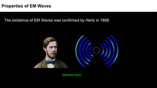 The existence of EM Waves was confirmed by Hertz in 1888.
Heinrich hertz
Properties of EM Waves
 
